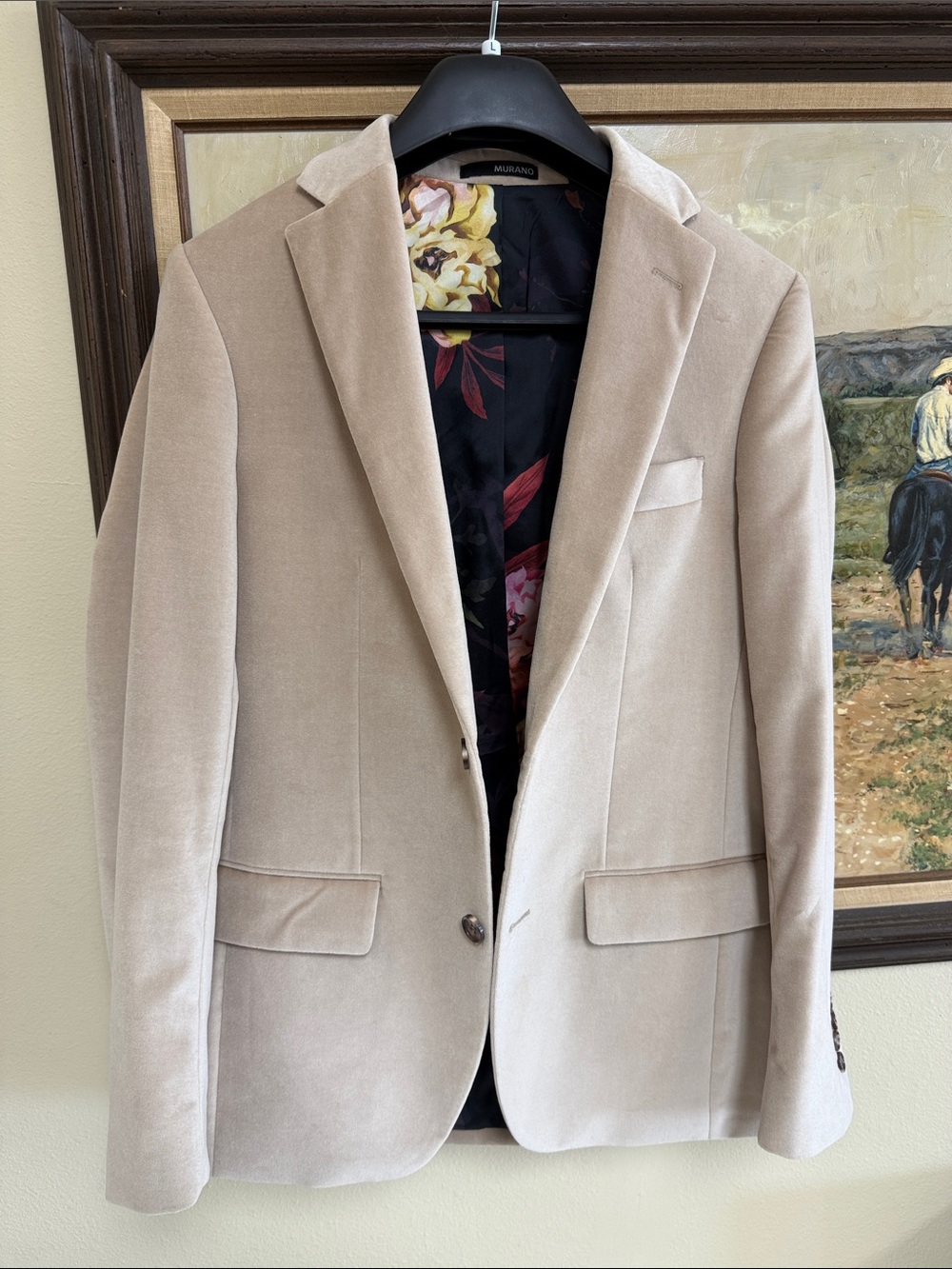 Murano Men's Beige Velvet Blazer with Floral Lining
